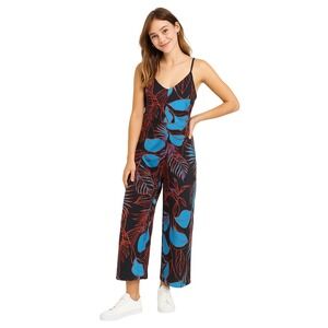 Beige By Eci Jumpsuit Size M Black Floral‎ Wide Leg Tropical Palm Frond BOHO NEW